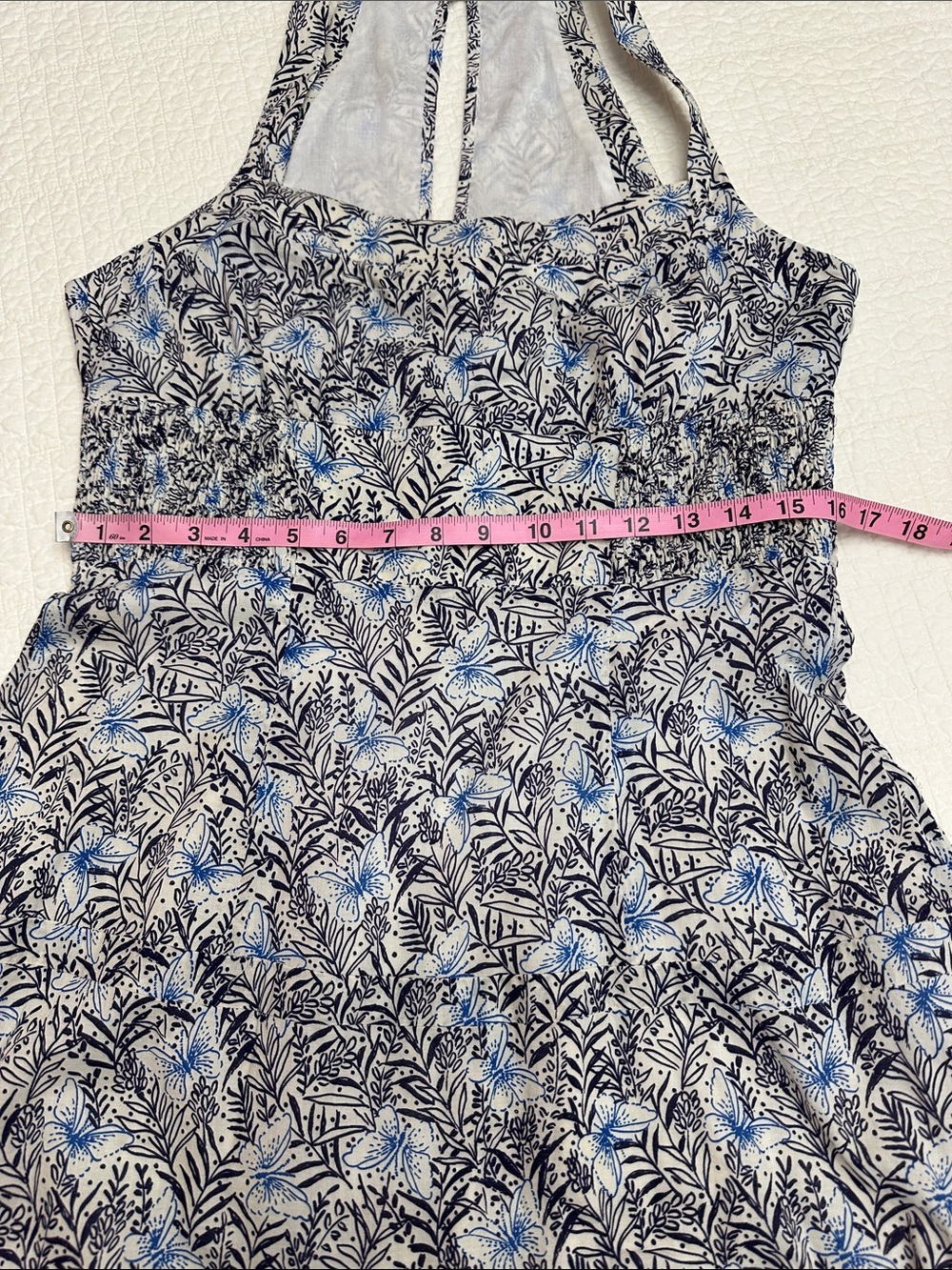 Karen Millen US 12 White A-Line Smocked Dress Navy Light Blue Botanical Print - Picture 7 of 10